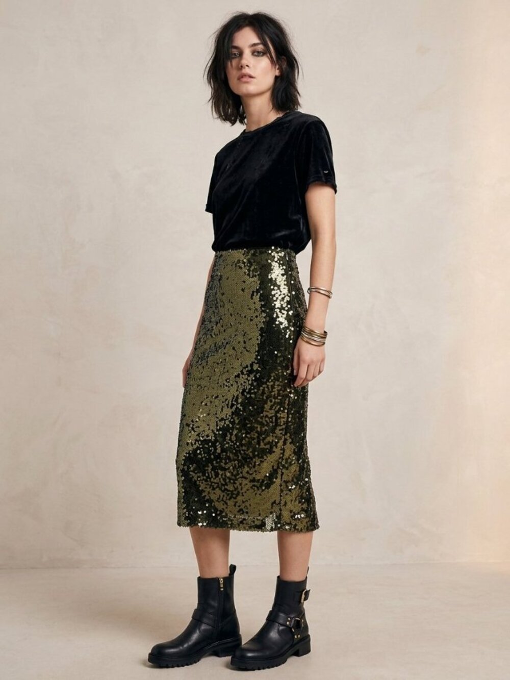 Zara Olive Green Sequin Midi Pencil Skirt Olive Green / Gold | Size S | NWOT